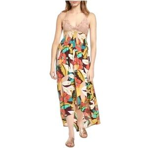 Astr The Label Paola Crochet Maxi High Low Dress Tropical Multi Blue White Cream